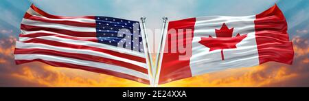 Double Flag United States of America and Canada flag waving flag with texture sky Cloud and sunset Stock Photo