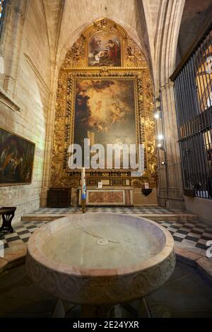 Seville, Andalusia, Spain, San Antonio's chapel, The Vision of San Antonio, a 1656 painting by Bartolomé Esteban Murillo. Cathedral of Seville. Stock Photo