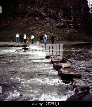 The stepping stones over the  River Dove near Thorpe Cloud Dovedale during December 1991 Stock Photo