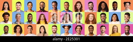 Multiracial People Faces Smiling Posing Over Different Pastel Colored Backgrounds Stock Photo