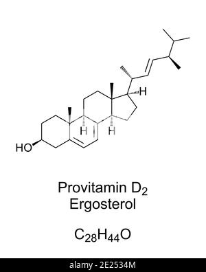 Ergosterol, a provitamin form of Vitamin D2, chemical structure and skeletal formula. A sterol, found in cell membranes of fungi and protozoa. Stock Photo