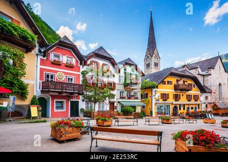 Hallstatt, Austria. Main square in the village. Stock Photo