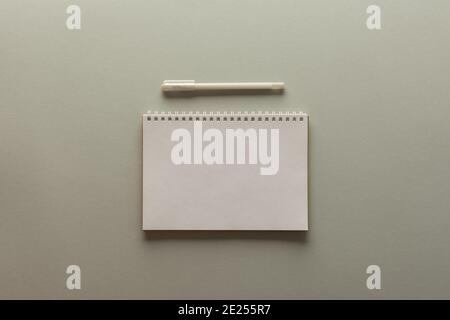 Open spiral notepad on gray background, notebook and pen lie on textural paper, flat lay concept in trendy colors of the year Stock Photo