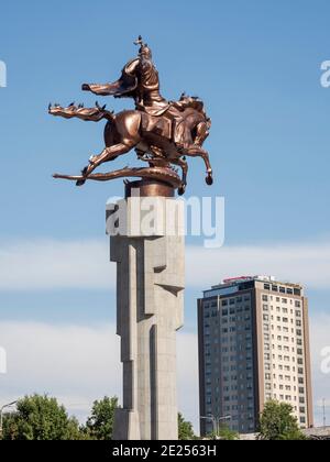 Manas square in front of the Philharmonics and the  monument  Manas killing the dragon. The capital Bishkek . Asia, Central Asia, Kyrgyzstan Stock Photo