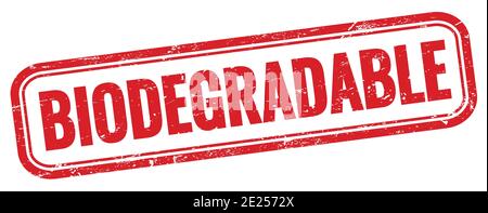 BIODEGRADABLE text on red grungy rectangle stamp. Stock Photo