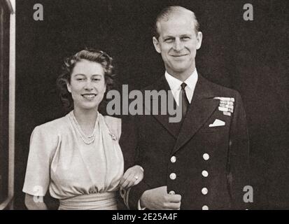 EDITORIAL ONLY Princess Elizabeth of York and the Duke of Edinburgh, seen here on the announcement of their engagement in 1947. Princess Elizabeth of York, future Elizabeth II, 1926 - 2022. Queen of the United Kingdom.  Prince Philip, Duke of Edinburgh (born Prince Philip of Greece and Denmark,1921- 2021). Future husband of Queen Elizabeth II of the United Kingdom and other Commonwealth realms.  From The Queen Elizabeth Coronation Book, published 1953. Stock Photo