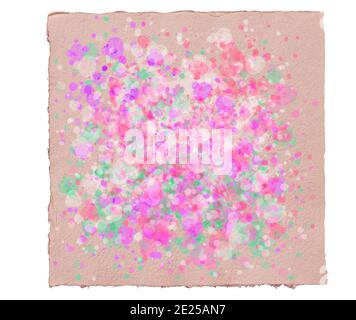 Abstract watercolor pastel splashes in pink turquoise and green on torn handmade rough aquarell paper sheet. Image isolated on white background. Stock Photo