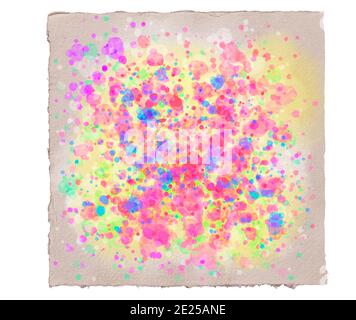 Abstract watercolor pastel splashes in pink turquoise and blue on aquarell paper sheet with torn edges. Image isolated on white background. Stock Photo