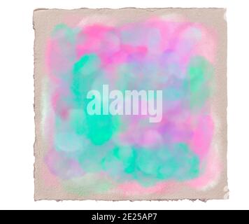 Abstract watercolor pastel splashes in pink and turquoise on handmade rough aquarell paper sheet. Image isolated on white background. Stock Photo