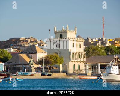 Landmark Torre de Belem.  City Mindelo, a seaport on the island  Sao Vicente,   Cape Verde in the equatorial atlantic. Africa, April Stock Photo