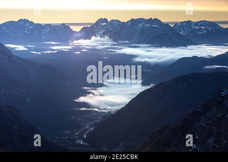 A picture of clouds over Auronzo di Cadore near the Tre cime di Lavaredo and Cortina d'Ampezzo, in the Italian Dolomites Stock Photo