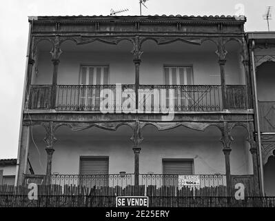 Old apartment building in Haro with ornate timber veranda, La Rioja, Spain Stock Photo