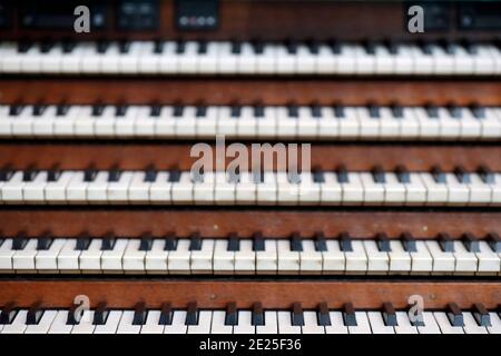 Cathedral of Notre Dame of Lausanne.  Pipe organ.  Keybords.  Switzerland. Stock Photo