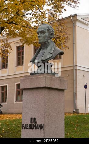 Monument to Friedrich Robert Faehlmann in front of Anatomical theatre at Toome hill (Toomemagi) in Tartu. Estonia Stock Photo