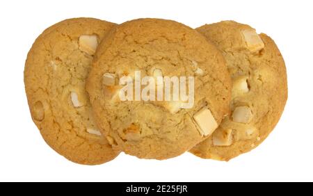 Top view of three white chocolate and macadamia nut gourmet cookies isolated on a white background. Stock Photo
