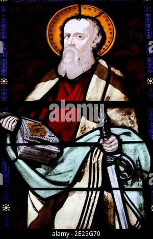 Saint Paul the apostle.  Cordeliers church.  Stained glass window.  Lons le Saunier. France. Stock Photo