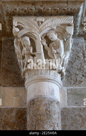 Saint Mary Magdalene basilica, Vezelay, France. Capital depicting Saint Martin and the pagans' tree Stock Photo