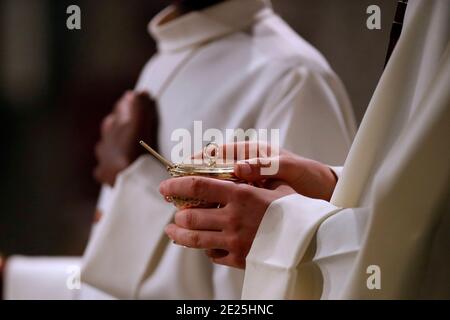 Basilica of Our Lady of Geneva.   Catholic mass. Incense boat. Stock Photo