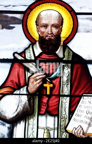 Stained glass window.  Francis de Sales (French: Franois de Sales;  21 August 1567 C 28 December 1622) was a Bishop of Geneva and is honored as a sai Stock Photo