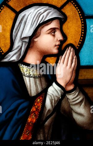 Sainte Catherine des Hopitaux Neufs church.  Stained glass window. Virgin Mary.  France. Stock Photo