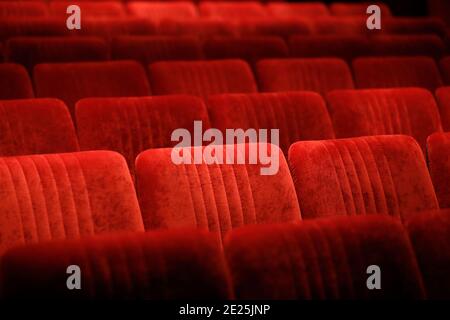 Empty red seats in theater.  Saint Gervais. France. Stock Photo