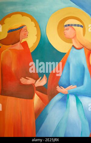 Notre Dame (Our Lady) church, Ajou, France. Painting by French artist JOB depicting the Annunciation (detail) Stock Photo