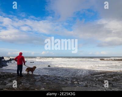 Man with dog watching the sea on a sunny winter's day, Bude, Cornwall, UK Stock Photo