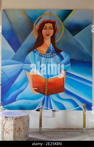 Notre Dame (Our Lady) church, Ajou, France. St Anne painting by Job. Stock Photo