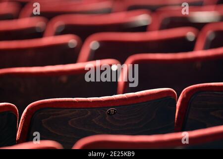 Empty red seats in theater.  Saint Gervais. France. Stock Photo