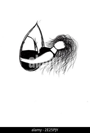 Cape Town South Africa - 13-08-2019 Ink style Illustration. Woman resting in a teardrop. Stock Photo