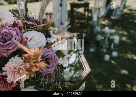 glass table with candles and chairs Stock Photo