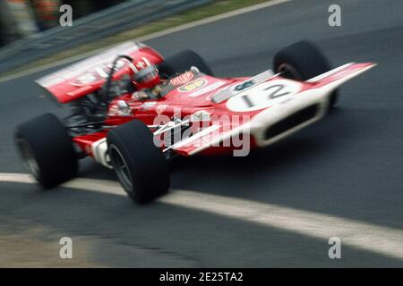 Jo SIFFERT driving March-Ford F1 car in full speed during 1970 Grand Prix de France, in Charade circuit near Clermont-Ferrand. Stock Photo