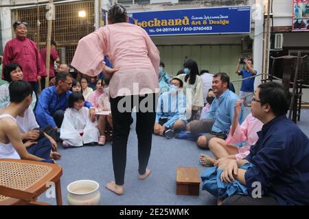 GEORGETOWN, MALAYSIA - Feb 02, 2020: A performance group playing teacher and students at school on a Chinese New Year festival in a street of Georgeto Stock Photo