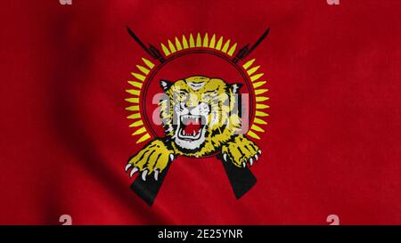 Flag of Tamil Eelam, waving in wind. Realistic flag background. 3d illustration Stock Photo