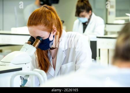 technicians working in lab wearing masks Stock Photo