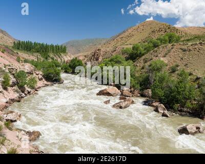 Valley of river Suusamyr in the Tien Shan Mountains.  Asia, central Asia, Kyrgyzstan Stock Photo