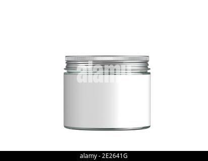 Cream jar with aluminum screw cap, isolated on white background, for packshot and presentation mockup. Stock Photo