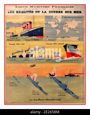 WW1 WAR POSTER SEA WAR WWI FRANCE SUBMARINES NAVY  vintage war propaganda poster issued in France during World War One The image split into five illustrations showing the numbers of ships and submarines constructed and sunk by the Allies and the Central Powers. LES REALITÉS DE LA GUERRE SUR MER - REALITIES OF THE WAR AT SEA. Naval Warfare in World War I was mainly characterized by blockade. The Allied Powers, with their larger fleets and surrounding position, largely succeeded in their blockade of Germany and the other Central Powers. Stock Photo