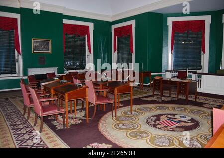 Liberty Hall Philadelphia United States of America declaration of independence  signing sign famous room  flag stars and stripes desk desks Stock Photo