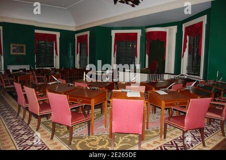 Liberty Hall Philadelphia United States of America declaration of independence famous room desk desks sitting room red velvet chairs quill pen Stock Photo