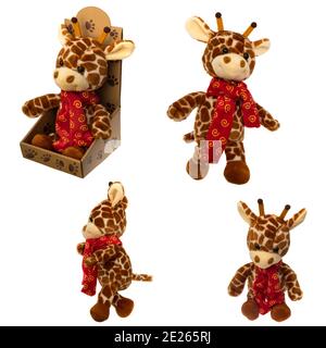 Collage soft children's toy giraffe isolated on white background Stock Photo