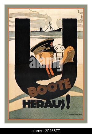 U Boat Poster 'Boote Heraus' ! 1917 WW1 German Propaganda Recruitment Poster for U Boats  'U Boats Out!' Unterseeboat submarine First World War 'Boote Heraus !' Stock Photo
