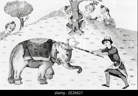Rustam, depicted as a boy, kills a white elephant by beating it over the head with a bull-headed club. Iran . Old steel engraved antique print. Published in L'Univers La Perse, in 1841. History of the ancient Persian empire Stock Photo