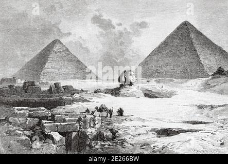 The Sphinx and the Pyramids of Giza, ancient Egyptian empire. Egypt. Old engraving illustration from the book Universal history by Oscar Jager 1890 Stock Photo