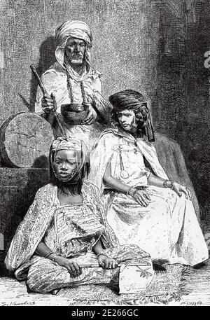Arab mendicant, Biskra and El-kantra women, Algeria. North Africa. Old engraving illustration from the book Nueva Geografia Universal by Eliseo Reclus 1889 Stock Photo