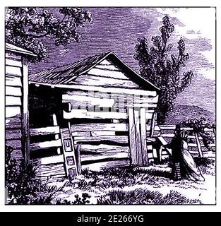 A very old engraving showing the former derelict remains of Knob Creek Farm, (Abraham Lincoln's first home and his 'earliest recollection'). Knob Creek Farm  now  restored as the Gollaher cabin, constitutes part of the Abraham Lincoln Birthplace National Historical Park but before 2001 was privately owned. Knob tree farm was the former U.S president's childhood home from 1811 to 1816.The cabin the Lincolns lived in was later moved by Austin Gollaher who took down the old home and used the logs to build a horse stable. The stable was later washed away by a flood. Stock Photo