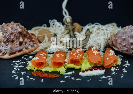 smoked norwegian Salmon in front of a fishing net Stock Photo