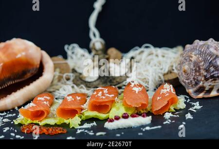 smoked norwegian Salmon in front of a fishing net Stock Photo