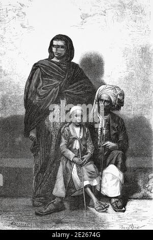 Portrait of Arab family from Zanzibar, Tanzania, travel and exploration by Henry Morton Stanley, expedition how I found Livingstone in Central Africa 1871-1872. Old engraving El Mundo en la Mano 1878 Stock Photo