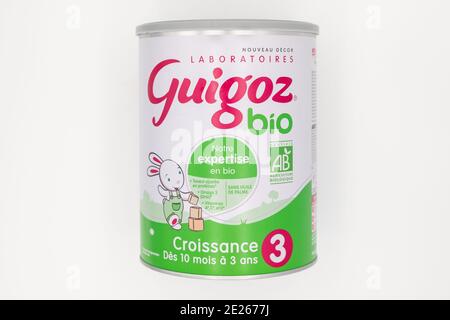Paris, France - May 17, 2020: Artificial milk for baby Guigoz bio with a label Organic farming Stock Photo